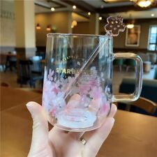 New Starbucks Pink Sakura Color changing Glass Coffee Mug Cup + Flower Stick picture