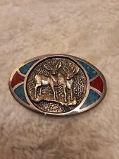 VINTAGE SILVER TURQUOISE & CORAL CHIP INLAY Dear BELT BUCKLE picture