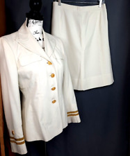 Vtg Women Navy Military White Linen Skirt Suit Size 14 Gold Buttons Stars Stripe picture