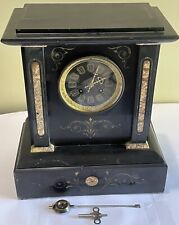 Antique French Black Slate Flower Deco Gong Chime Mantle Clock 14