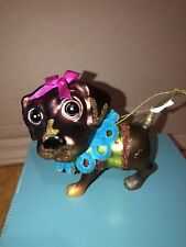 Brown Puppy Dog Glass Blown Xmas Ornament. Glitter & Pink Bow. 4.5