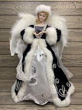 Vtg Christmas Angel Porcelain Face Black Velvet Dress White Feather Wings 16” picture