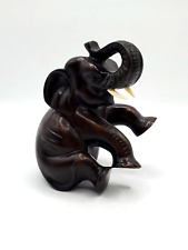 Vintage Dark Faux Wood Resin Elephant Figurine Statue - Lucky Trunk Up picture