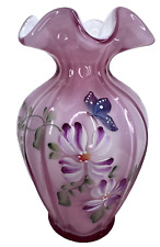 FENTON Dusty Rose Cased Art Glass HP Flowers Ruffled Glass Vase C. Smith - 7