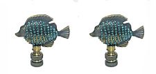 Lot of 2...AEGEAN BLUE FISH LAMP SHADE FINIAL ~ ANTIQUE BRASS  (FINIAL THREAD) picture