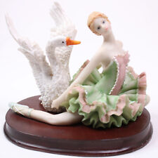 Vintage Ballerina And Swan Statue Figurine On Wood Stand Colorful & Heavy Rare picture