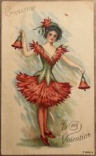 Valentines Day Pretty Girl Red Carnation Fantasy Antique Postcard c1900 picture