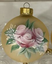 VINTAGE CHRISTMAS ORNAMENTS & ROPE PAINTED PINK FLORAL GOLD ROUND GLASS  3 PIECE picture