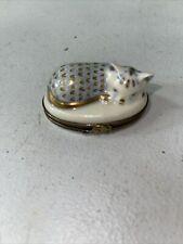Limoges France Peint Main White Gray Cat Trinket Box Clasp Signed picture