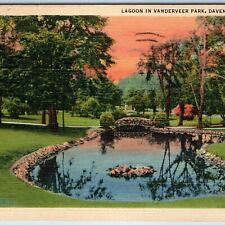 c1940s Davenport, IA Vanderveer Park Lagoon Stone Pond Bridge Sunset Vtg PC A247 picture