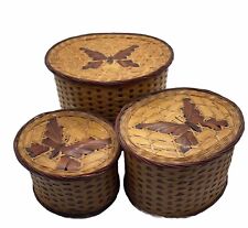 VTG Japan Ratan Wicker Butterfly Woven Wicker Nesting Lidded Basket Boxes Set -3 picture