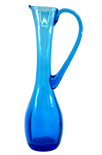 Vintage MID-CENTURY Art Glass TEAL BLUE Vase PITCHER Applied Handle MCM Blenko ? picture