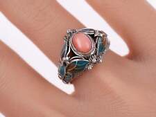 sz7 Vintage Chinese coral Sterling enamel ring picture