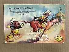 Postcard Comic Humor 1908 Leap Year Western Cowboy Cowgirl Horse Church Vintage picture