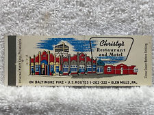 1940's 1950's Christy's Restaurant Motel Glen Mills PA Matchbook Cover Vtg picture