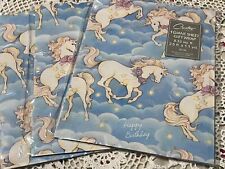 Vtg. Carlton Gift Wrap Paper Birthday Unicorns in the Clouds 3 pkgs NEW picture