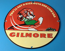 Gas Pump Sign - Vintage Porcelain Gilmore Gasoline Red Lion Service Station Sign picture