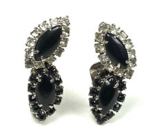 Silver Toned Costume Clip On Earrings w/ Black Marquise, Clear & Black Crystals picture