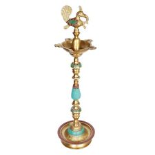 Pure Brass Peacock Puja Lamp Traditional Kuthuvilakku Golden Kuthu Vilakku picture