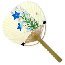 Japanese Uchiwa Flat Fan Hand Held Bamboo Handle Kikyo Flower Made in Japan picture