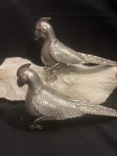 Vtg  Metal Pheasant Bird Figurines Male/Female Pair Silver Plate 8” Long picture