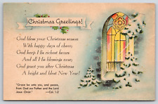 Postcard Christmas Greetings Bible Verse Stained Glass Window Snow Vintage 1940 picture