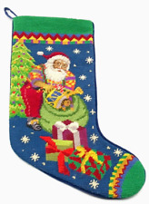 Christmas Needlepoint Stocking Santa Tree Presents Toys Gifts Blue Velvet Back picture