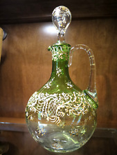 Green Glass Carafe DECANTER Moser Style Summer White Yel* Enameled Blown Stopper picture