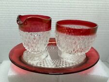 Vintage 60’s Indiana Glass Sugar/Creamer/Tray Diamond Point Set, Ruby #0173 VNTG picture