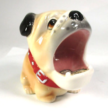 English Bulldog Ring Holder Ceramic Vintage Fawn Body Black Ears Red Collar picture