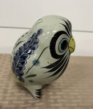 Artist Signed Hand Painted Mexican Pottery Owl Figurine Bird & Flowers  5” LAT picture