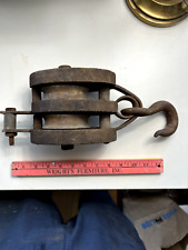 Vintage Antique Wood Barn Double Pulley Metal Hook picture