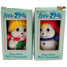 Set of 2 Vtg Giftco Snow Bells Christmas Tree Ornaments Bell Porcelain Snowman  picture