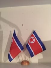 NORTH KOREA X2 TWIN TABLE FLAG SET with WOODEN BASE 9