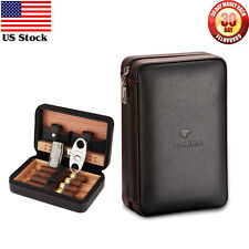 Black Travel Leather Cigar Humidor Case Cutter 1 Jet Torch Lighter Set Gift Box picture