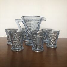 Vintage sowerby art deco pressed glass water decanter and 6 glasses blue england picture