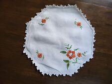 Vintage Cotton Linen Crochet Embroidery Handmade White Orange Flowers Doily picture