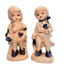 Vintage Holland Figurines Farm Boy and Girl On Bench Porcelain Blue White Gold picture