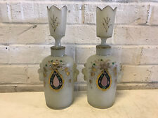 Antique Victorian Era Bristol Glass Pair of Decanter Vases Painted Floral Dec. picture