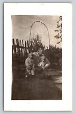 RPPC Father Kneels in Yard w/ Daughter & Son AZO 1904-1918 ANTIQUE Postcard 1311 picture