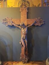 Huge 29.7 Inches Antique Church  Carved Wood Crucifix Jesus Christ Copus Wall picture