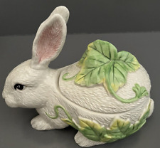 Fitz & Floyd Le Lapin White Bunny Rabbit Lidded Serving Candy Dish Bowl Leaves picture