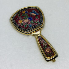Rare Enamel Floral Folding Fan Pocket Mirror 4” Unique Vanity Art Decor 1 picture