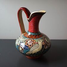 Clay Pottery Pitcher Jug Vase Hand Painted Bird Floral 11-3/4