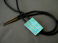Native American Light Blue Green Turquoise Cluster Inlay Sterl. Silver Bolo Tie picture