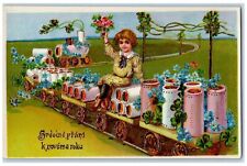 c1910's New Year Train Girl Pink Roses Pansies Shamrock Gel Gold Gilt Postcard picture