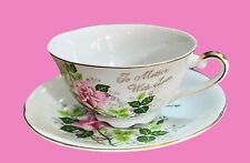 NORCREST FOOTED CUP & SAUCER Mother With Love GOLD LETTERS Pink Flowers Vintage picture