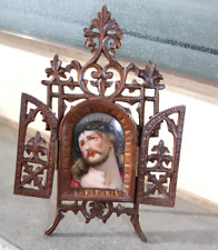 Antique black forest neo gothic wood carved triptych porcelain christ plaque picture