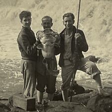 Vintage B&W Snapshot Photograph Handsome Young Men Big Catch Fish Waterfall picture