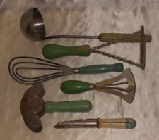 LOT of 6 Kitchen Utensil Green painted Wood Handles masher chopper whisk-beater picture